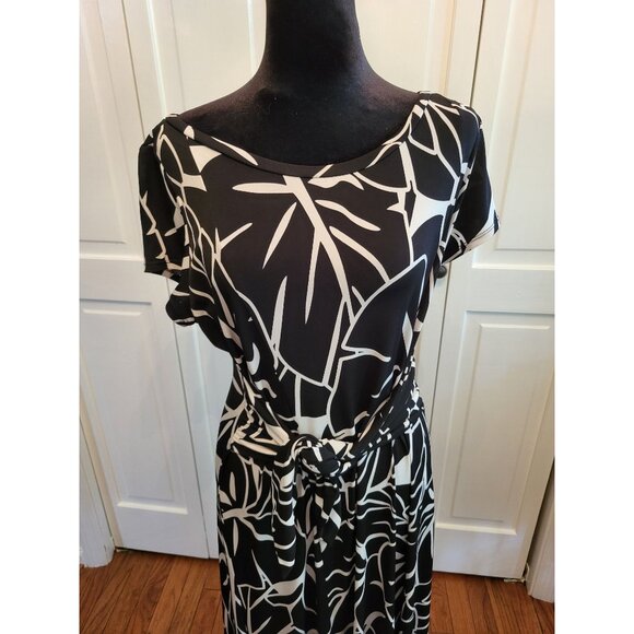 Black/White Bold Print Midi Dress Leaf Print sz XL Minimalist Avant Garde Artsy - Picture 4 of 6